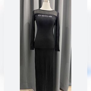 New Bebe Black Maxi Dress with Swarovski Crystals, Sheer Stripes & Side Slit